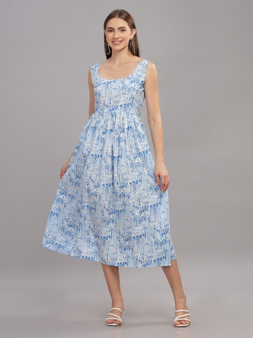 

THE VASILIKI Printed Sleeveless Cotton Fit and Flare Midi Dress, Blue