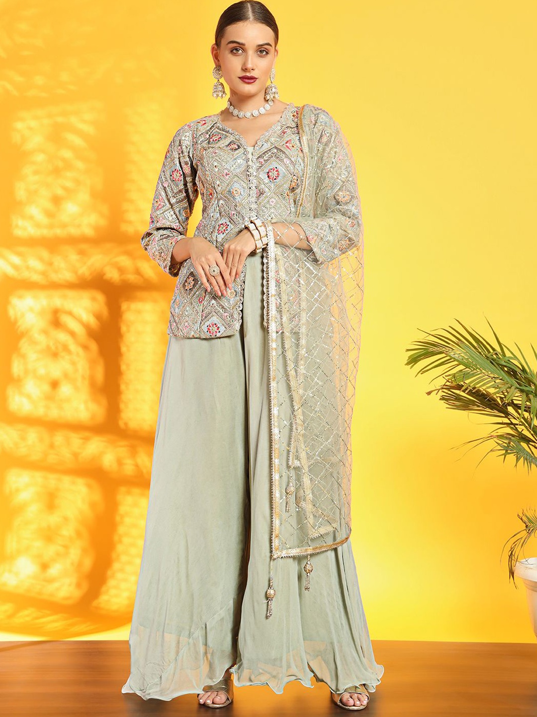 

Chhabra 555 Zari Embroidered Kurta With Palazzos & Dupatta, Olive