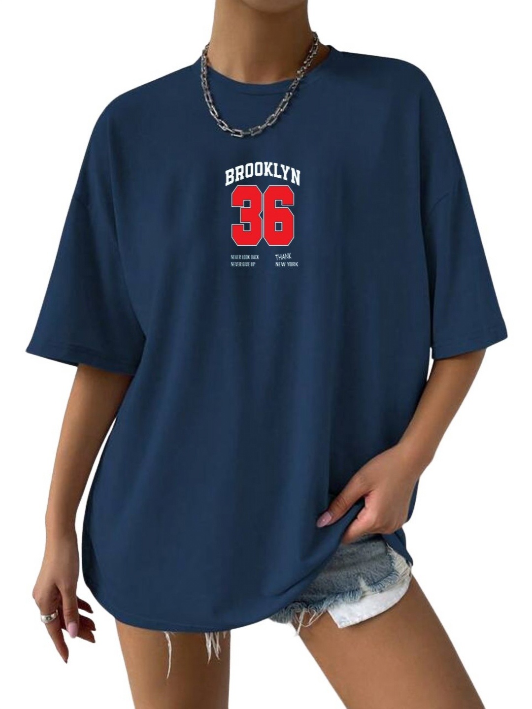 

TABADTOD Women Typography Printed Applique T-shirt, Navy blue
