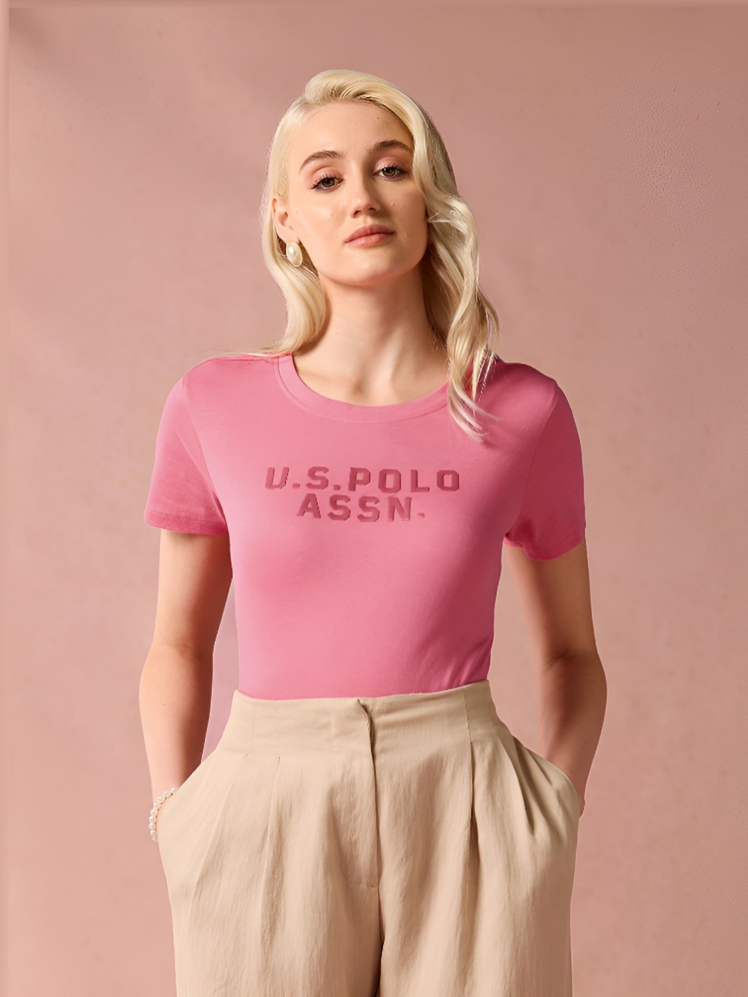 

U.S. Polo Assn. Women Brand Logo Printed Round Neck Pure Cotton T-Shirt, Coral