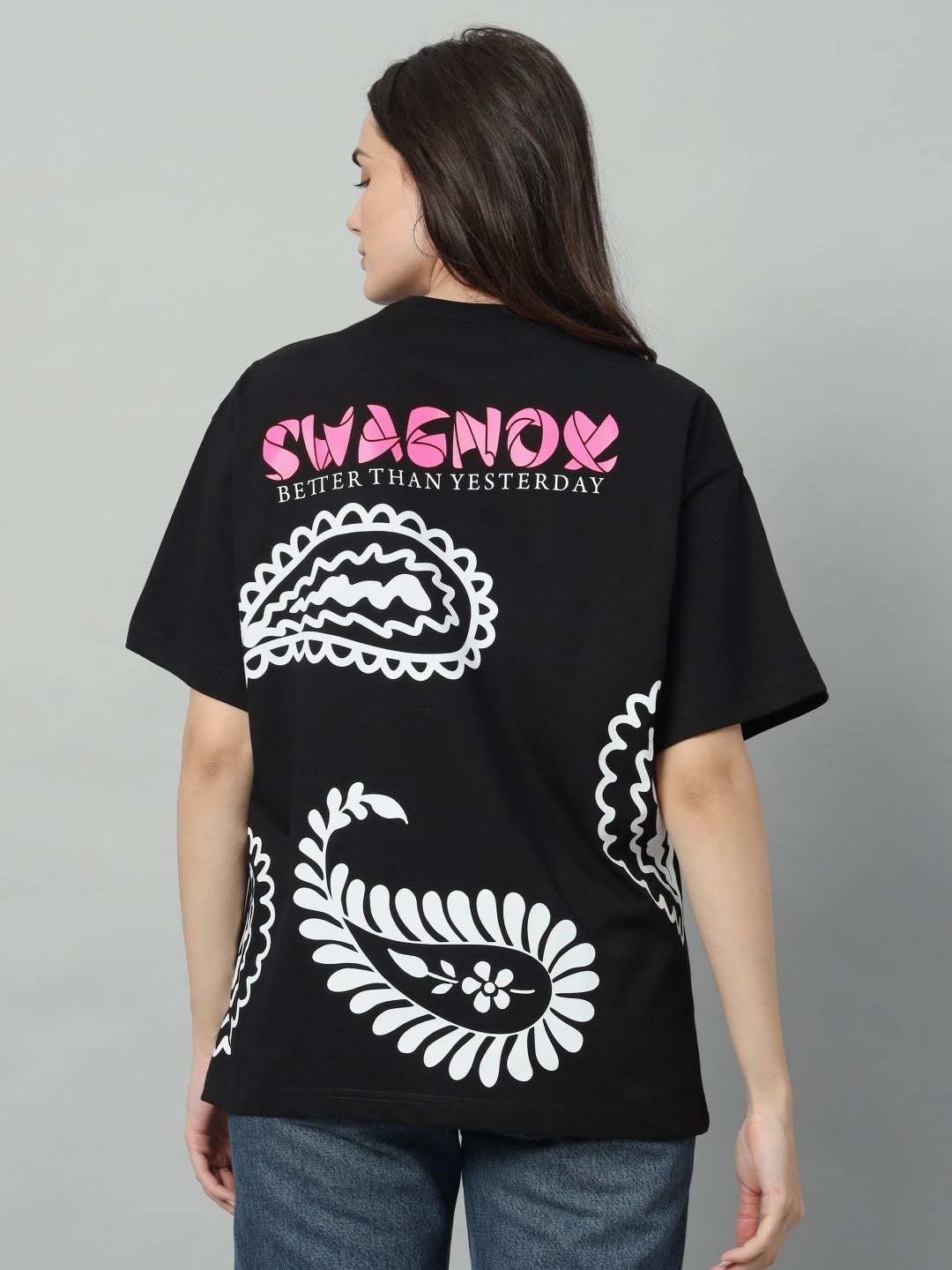 

SWAGNOX Women Typography Printed Round Neck Cotton Oversized T-shirt, Black