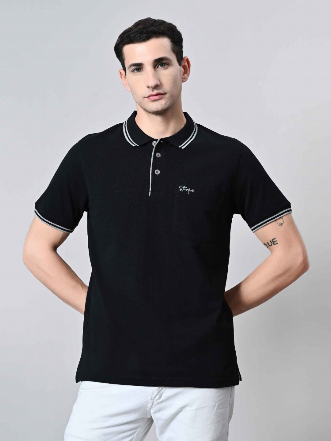 

STARFOX Men Solid Polo Collar Cotton T-shirt, Black