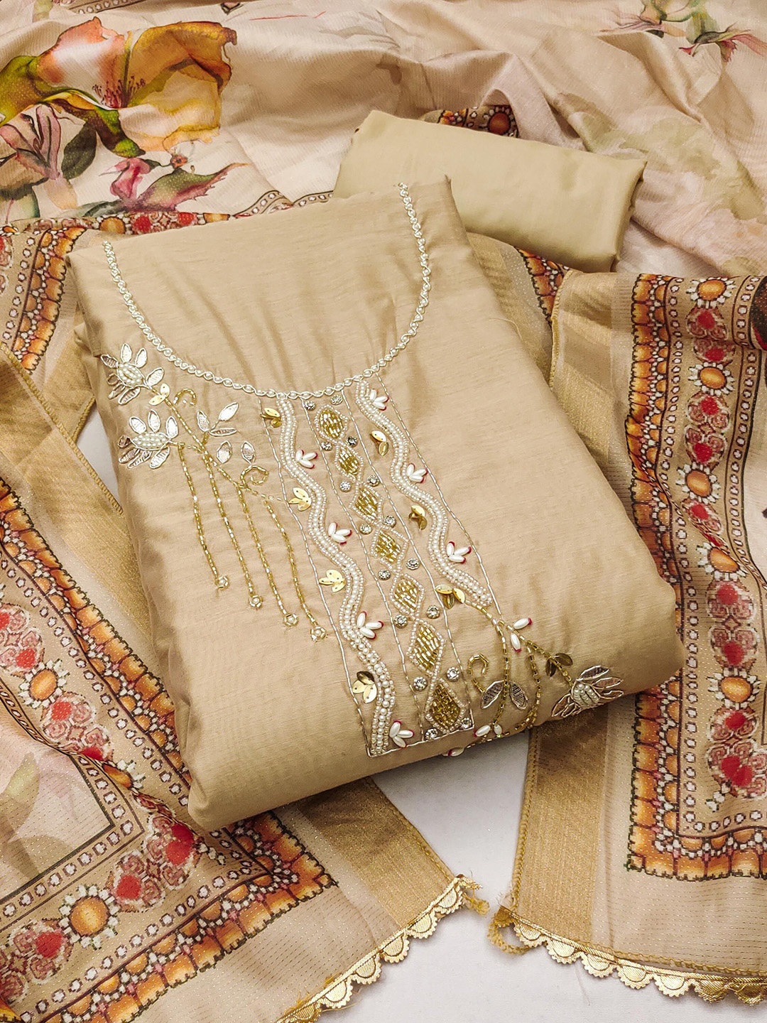 

KALINI Floral Embellished Beads and Stones Unstitched Dress Material, Beige