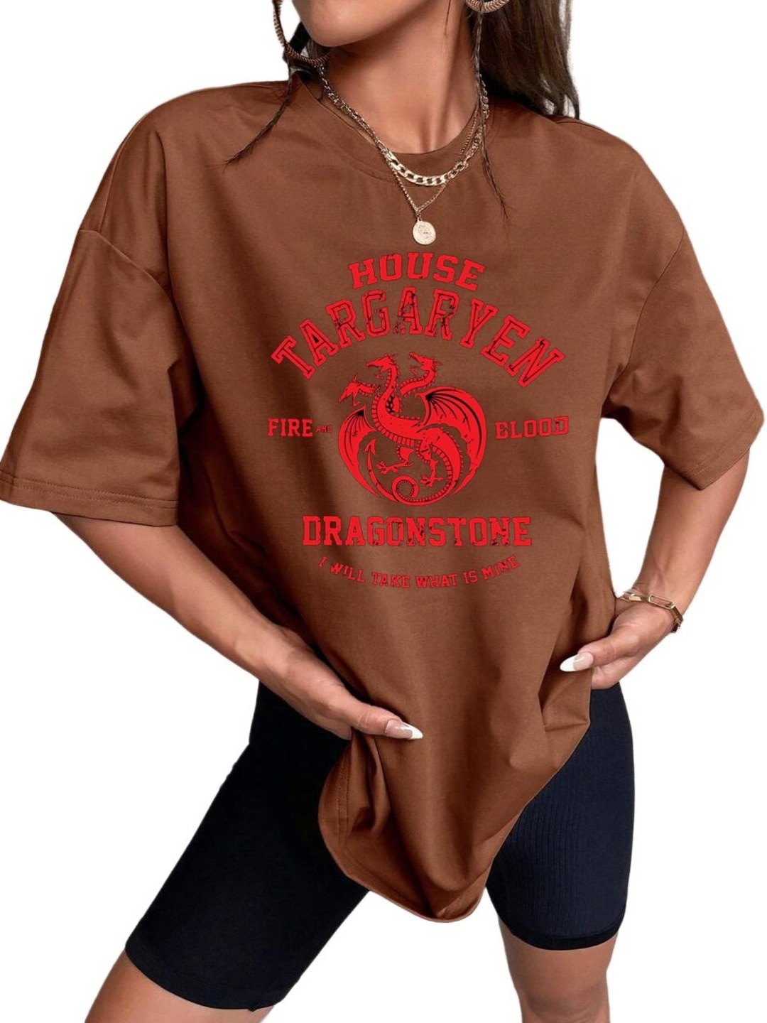 

TABADTOD Women Typography Printed V-Neck Applique T-shirt, Brown