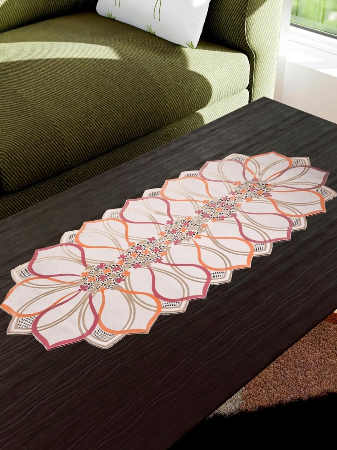 

GROKI Brown & Pink Floral Textured Dining Table Runner, White