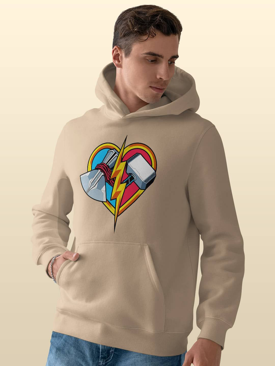 

macmerise Men Printed Hooded Sweatshirt, Beige