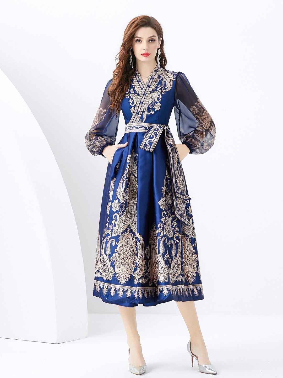 

JC Collection Printed Cuffed Sleeves Belted Wrap Midi Dress, Navy blue