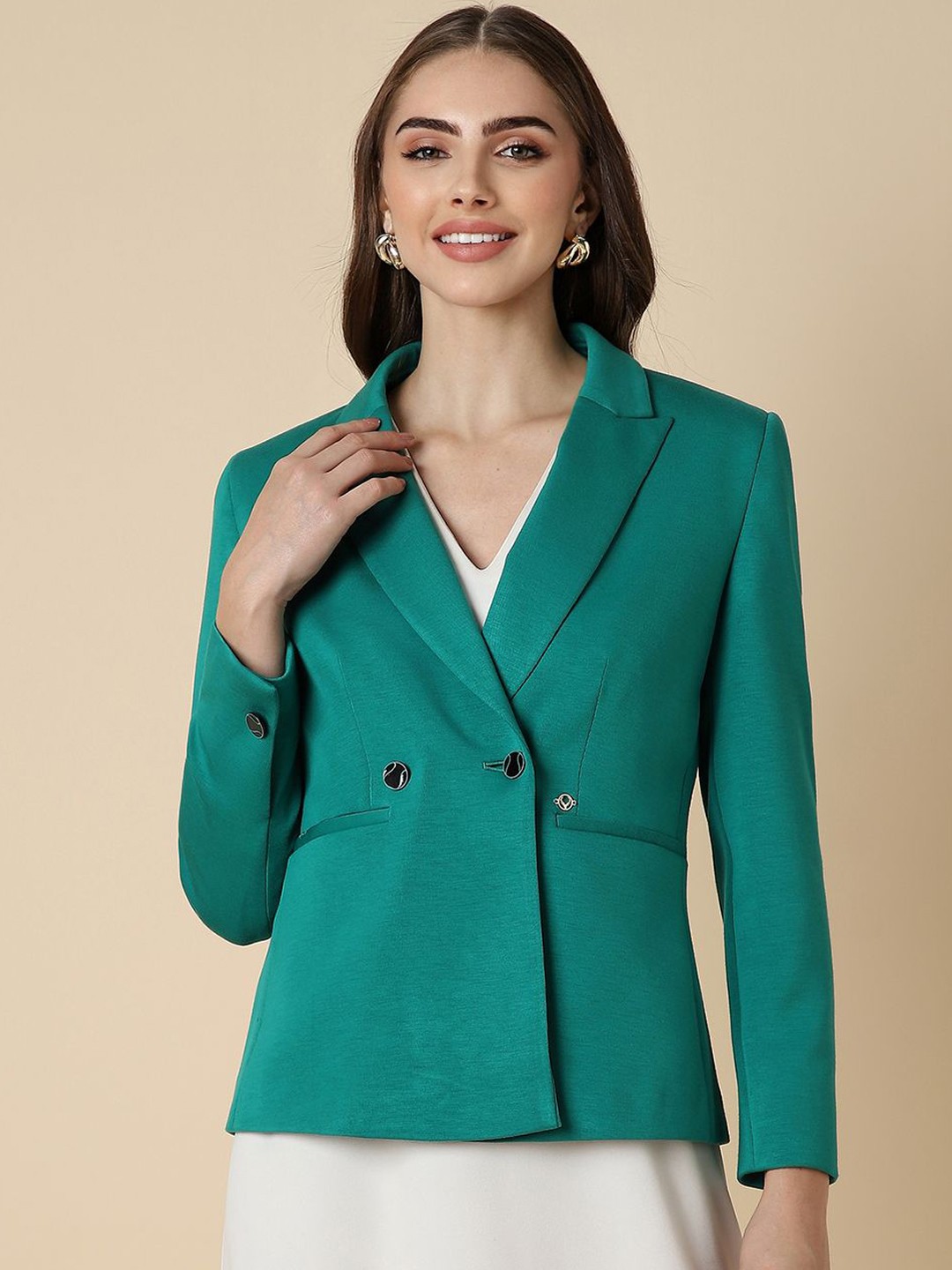

Allen Solly Woman Notched Lapel Single-Breasted Formal Blazer, Green