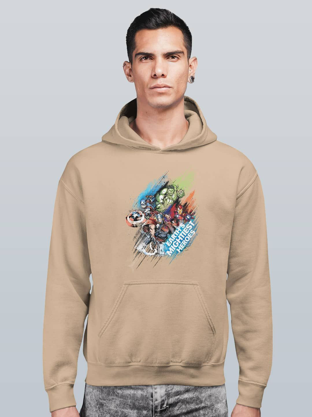 

macmerise Men Printed Hooded Sweatshirt, Beige