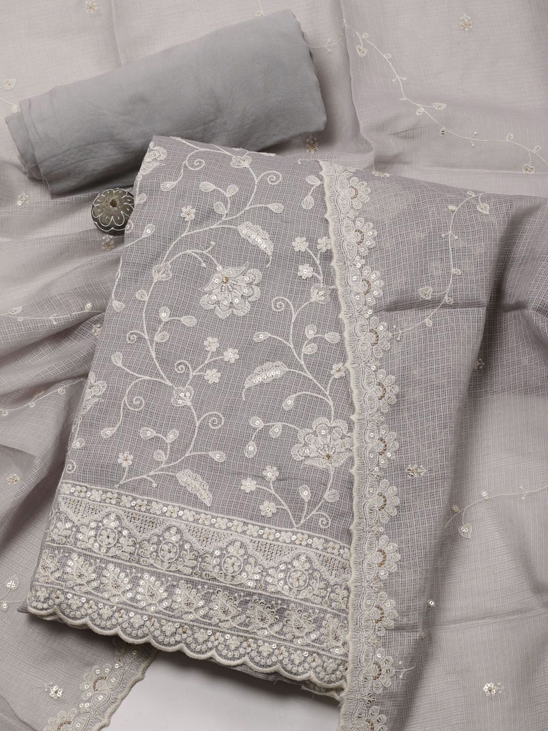 

Meena Bazaar Floral Embroidered Sequinned Unstitched Dress Material, Grey