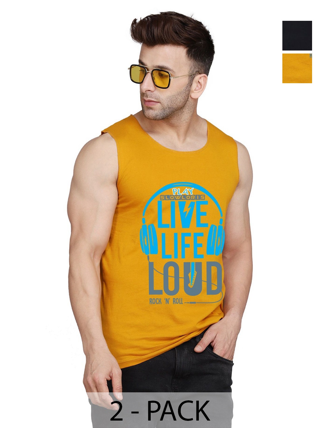 

SLOWLORIS Men Pack Of 2 Typography Printed Round Neck Cotton Slim Fit T-shirts, Mustard