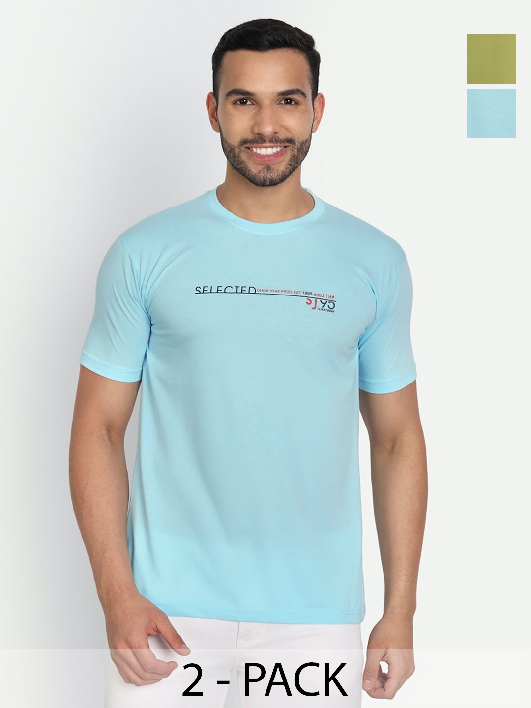 

ZEFFIT Men Pack Of 2 Typography Printed Round Neck Cotton T-shirt, Blue