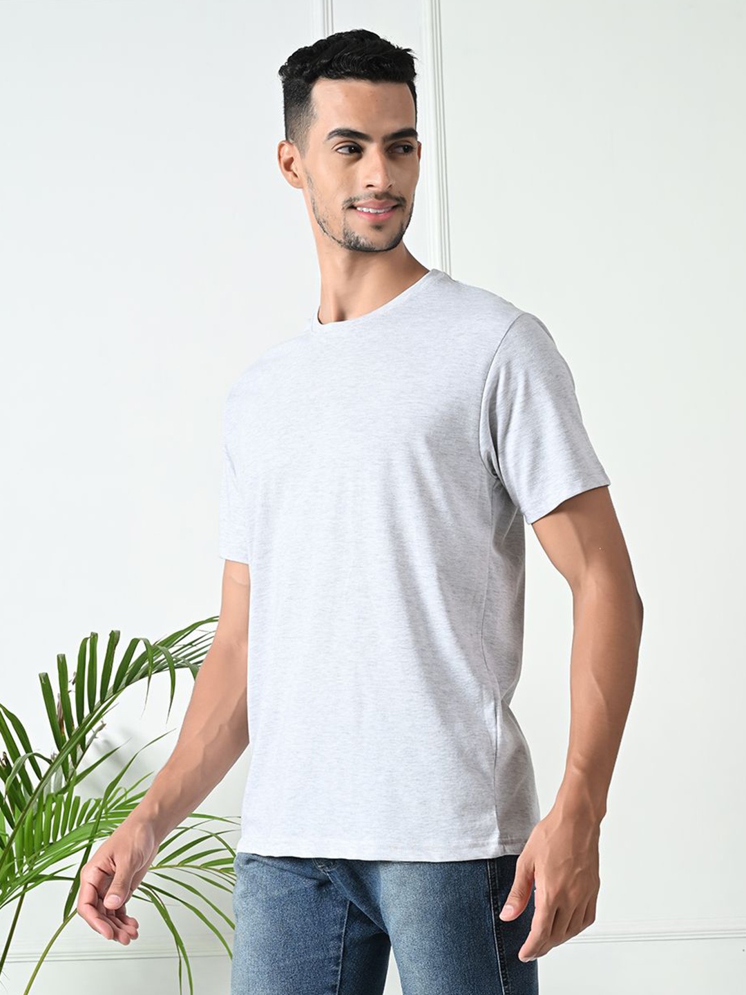 

FITINC Men Bio Finish Solid Round Neck Cotton T-shirt, Grey melange