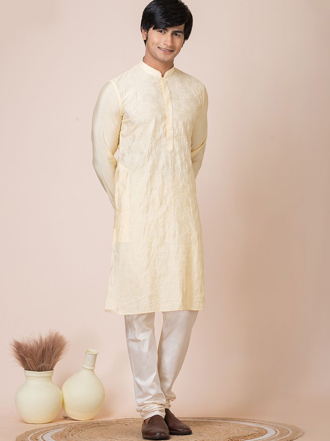 

HU - Handcrafted Uniquely Floral Embroidered Thread Work Chanderi Silk Kurta, Yellow