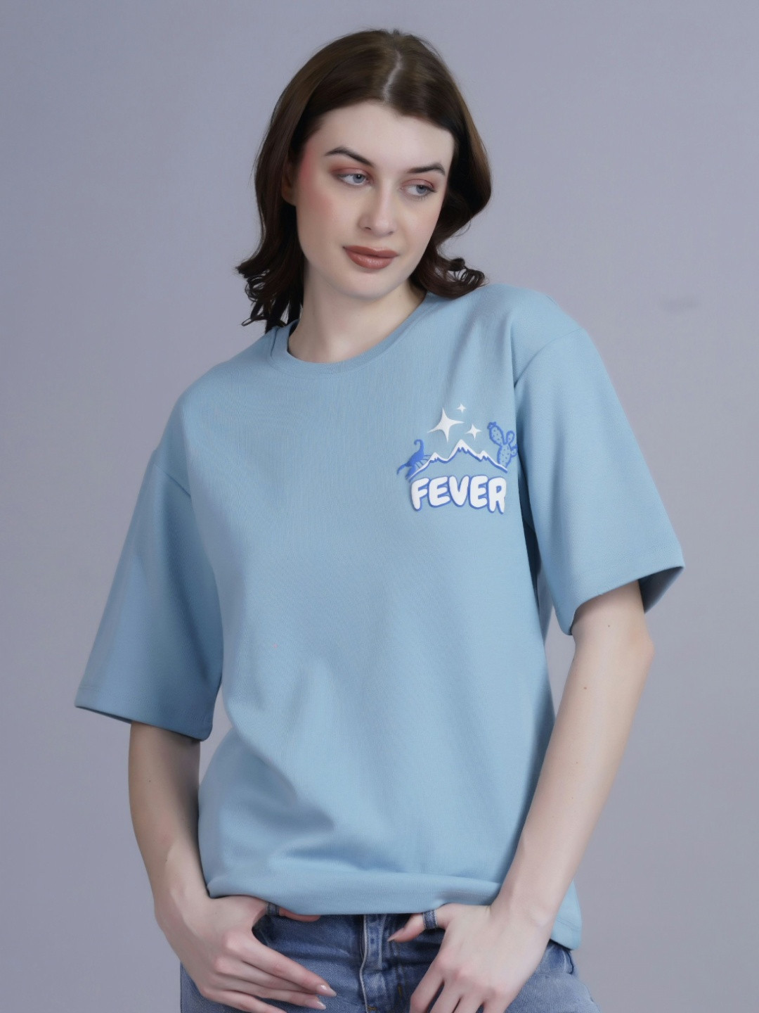 

FEVER HUNT Women Typography Printed Round Neck Cotton Oversized T-Shirt, Blue