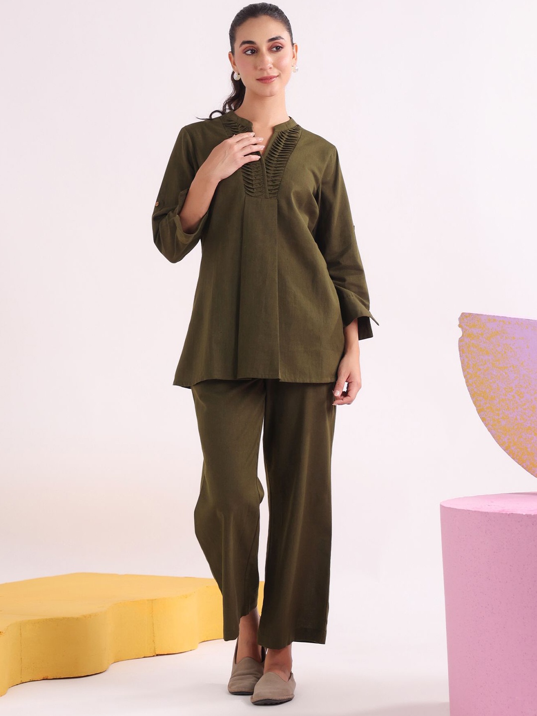 

JISORA V-Neck Pure Cotton Top With Palazzo Co-Ords, Olive