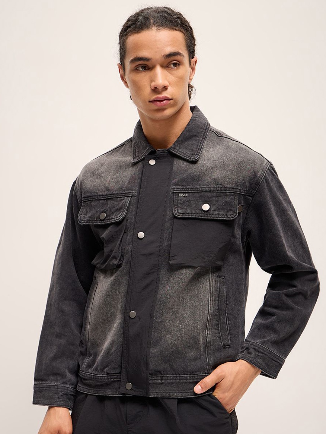 

THE BEAR HOUSE Men Solid Spread Collar Jacket, Black