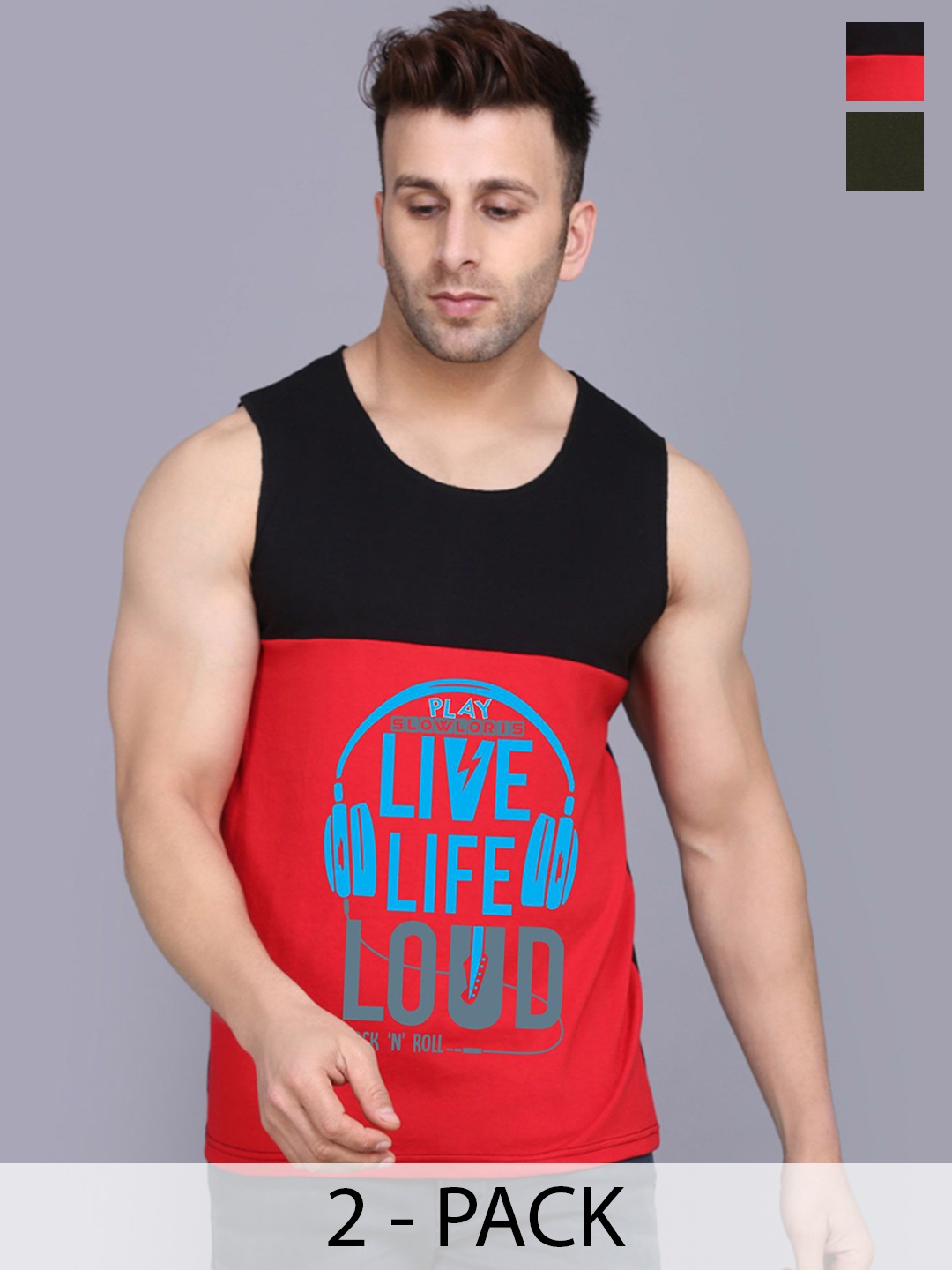 

SLOWLORIS Men Pack of 2 Printed Innerwear Vests, Black