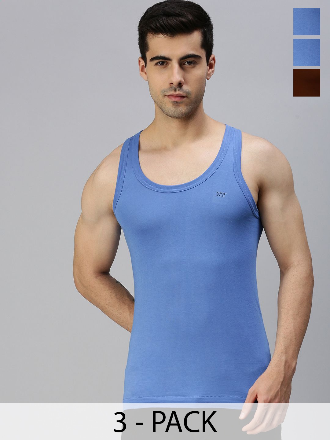 

Lux Cozi Pack Of 3 Men Assorted Round Neck Sleeveless Innerwear Vests, Blue