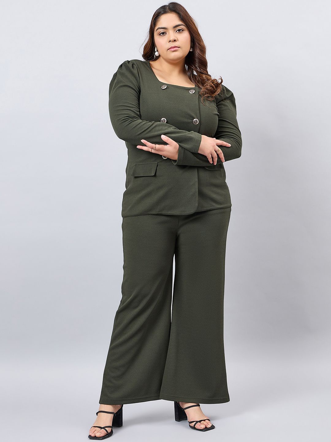 

Orchid Blues Plus Size Square Neck Double Breasted Blazer Top With Trouser, Olive