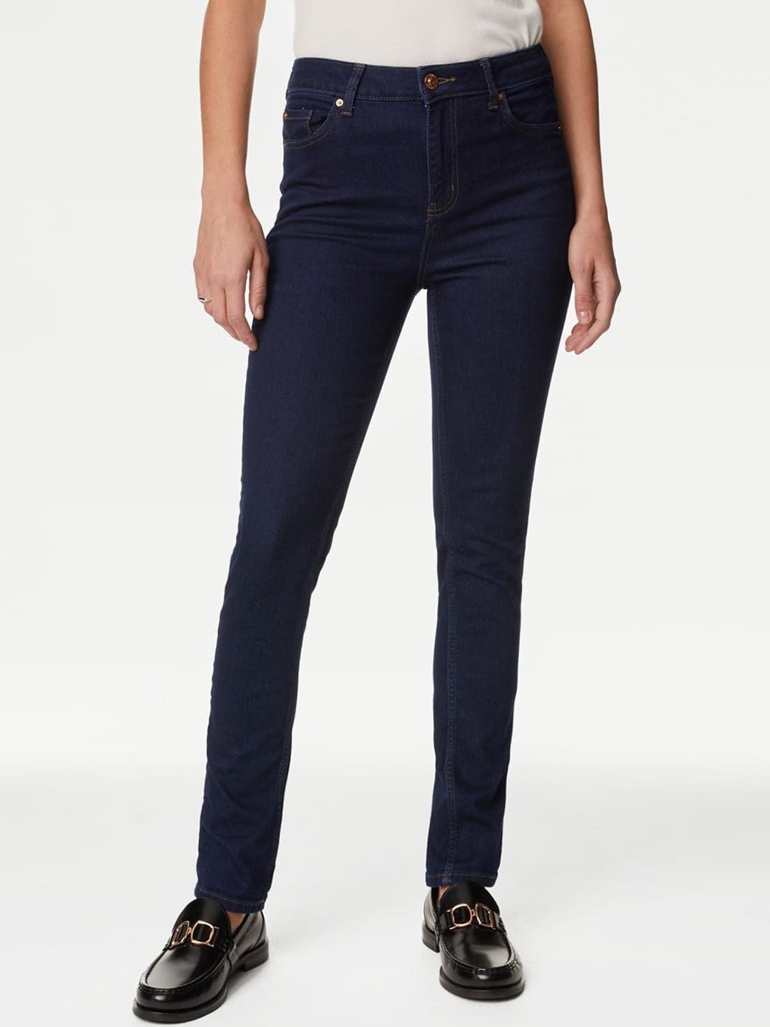 

Marks & Spencer Women Slim Fit High-Rise Low Distress Jeans, Navy blue