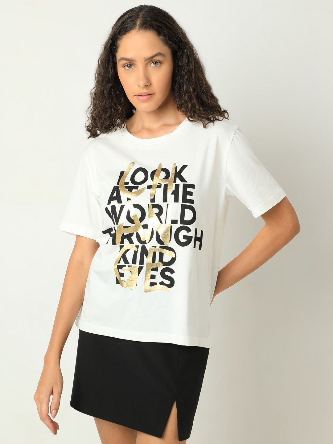 

Vero Moda Women Printed Round Neck Cotton T-shirt, White