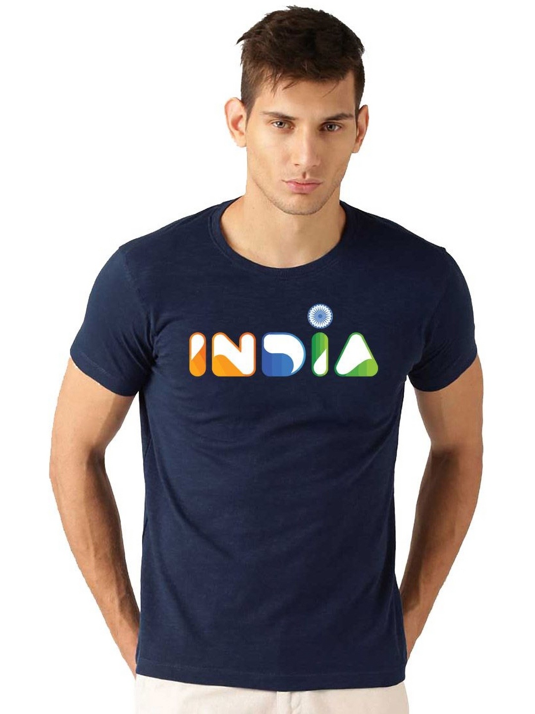 

BRATMA Unisex Printed Round Neck Cotton T-shirt, Navy blue