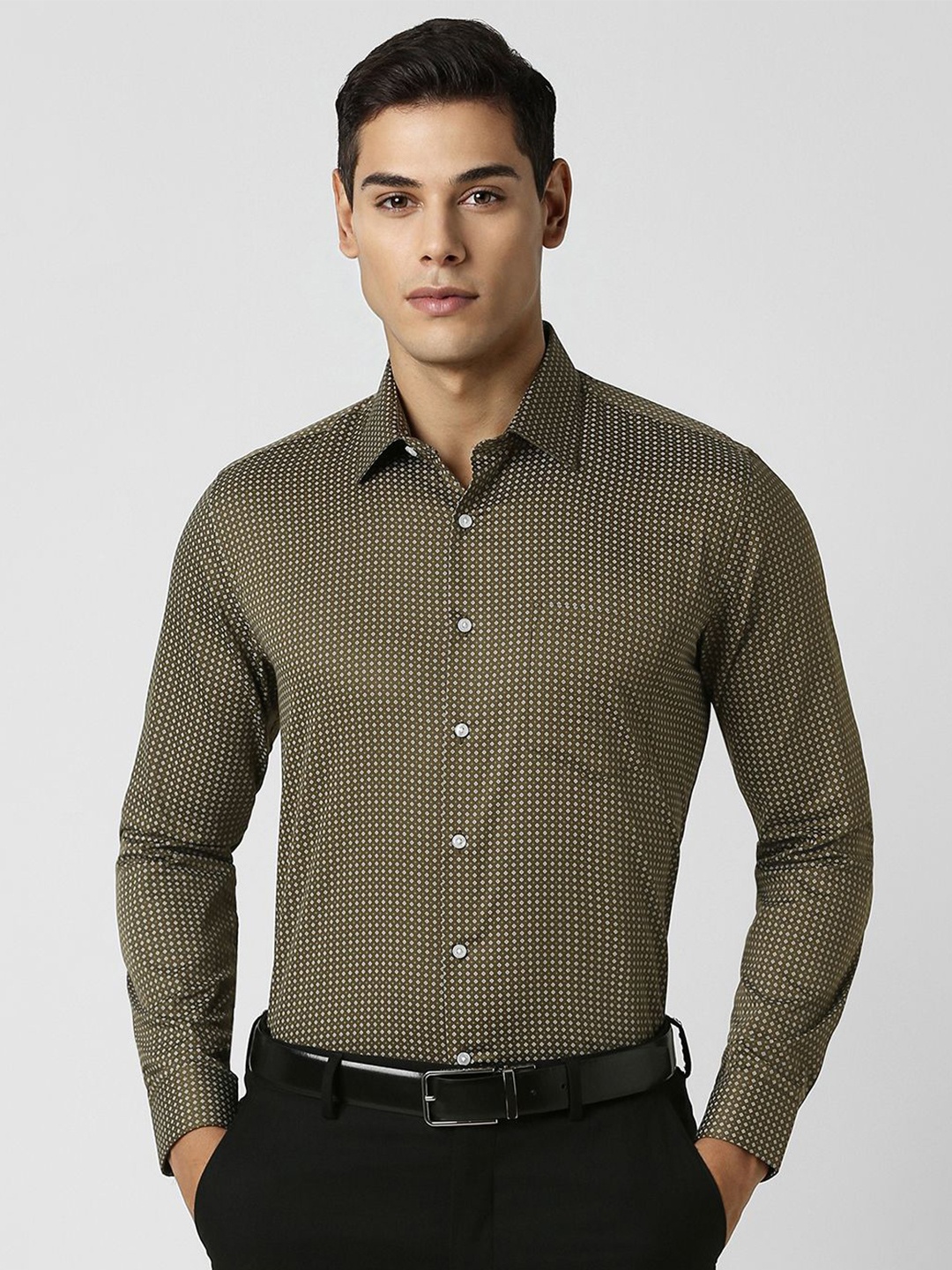 

Van Heusen Men Spread Collar Micro Ditsy Printed Slim Fit Formal Shirt, Olive