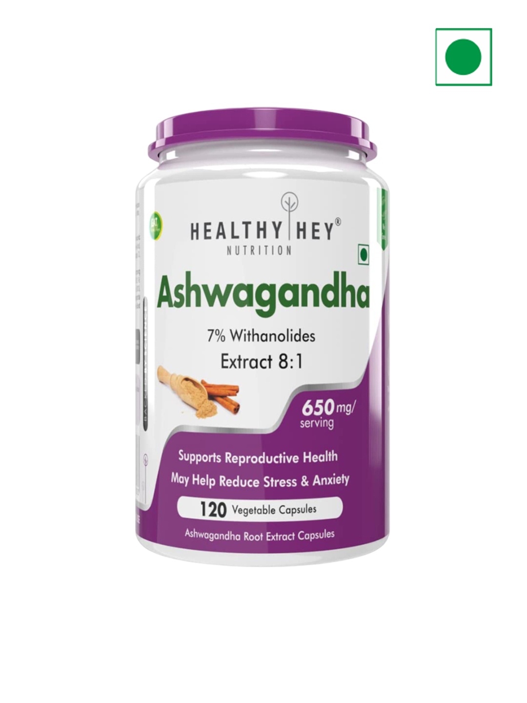 

Healthy Hey Nutrition Ashwagandha Root Extract 81-650 mg-120 Capsules, White