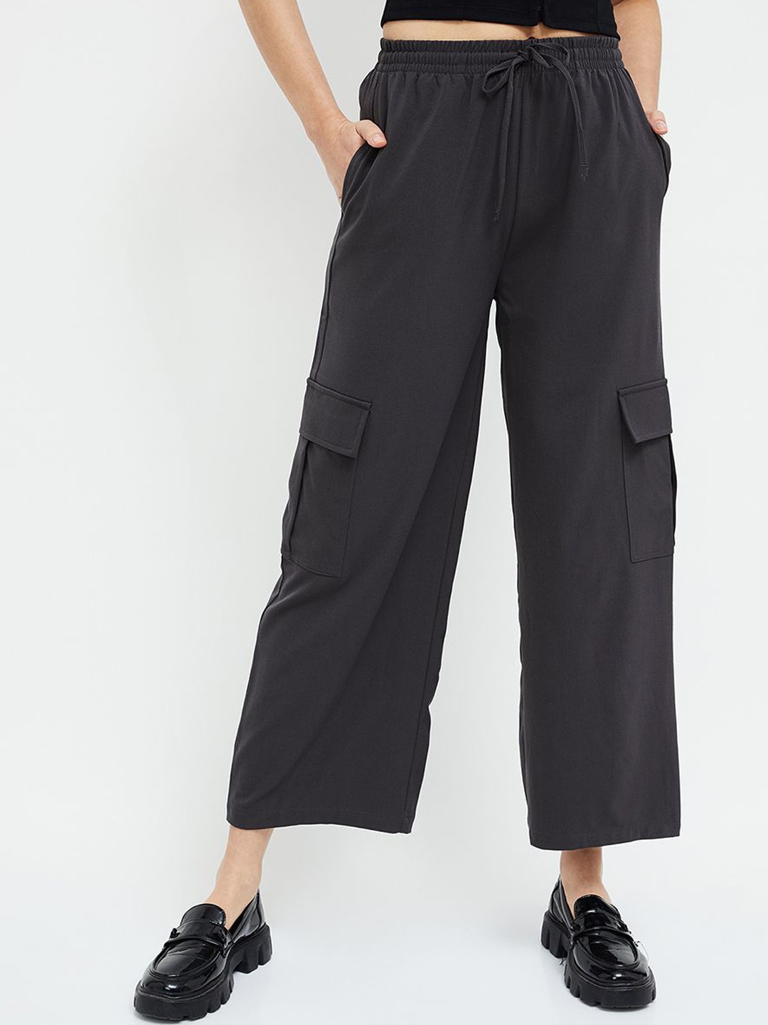 

Ginger by Lifestyle Women Mid-Rise Cotton Flat-Front Trousers, Charcoal