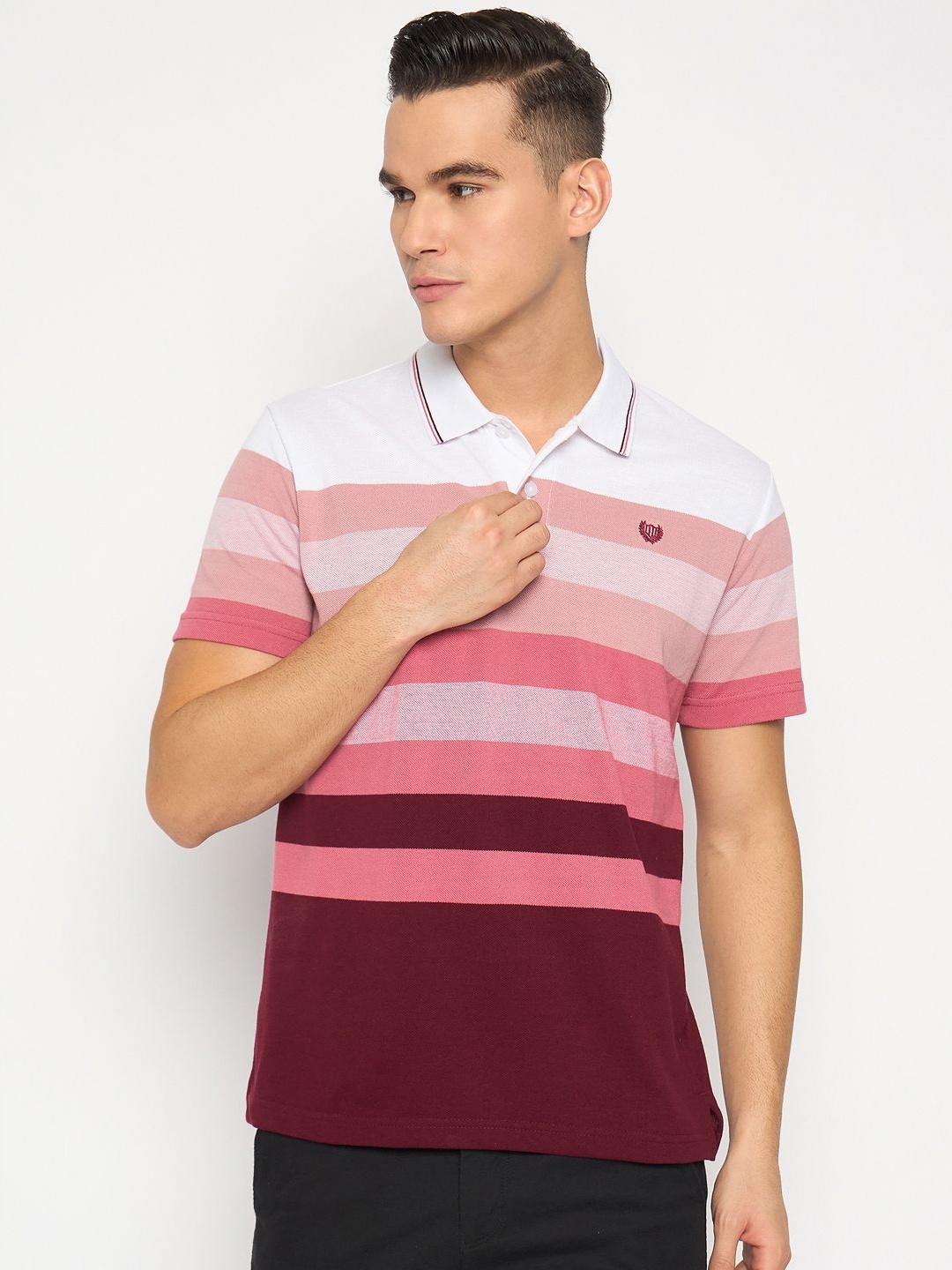 

Duke Men Striped Polo Collar Cotton T-shirt, Pink