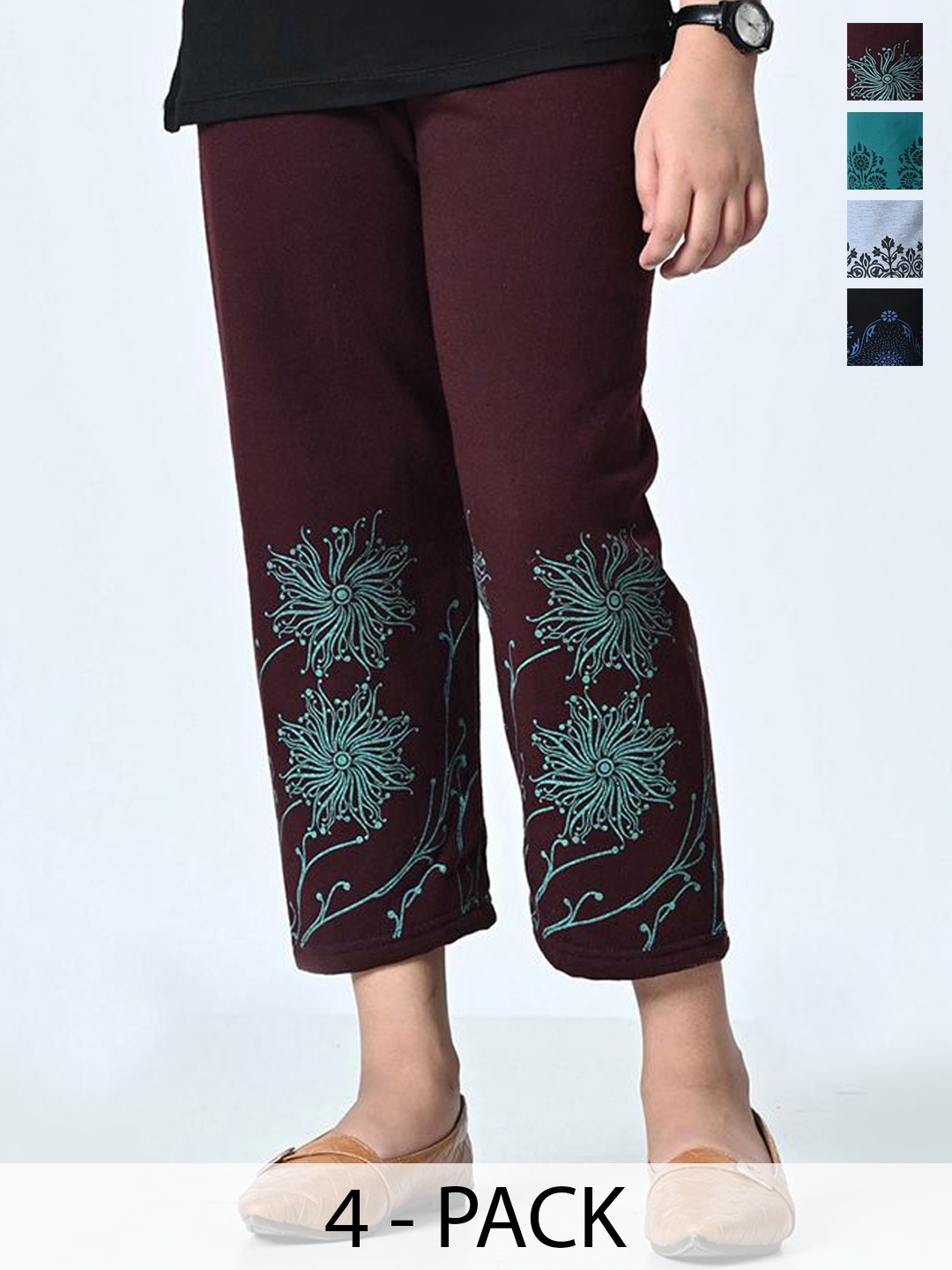 

BAESD Girls Set Of 4 Printed High Rise Trousers, Maroon