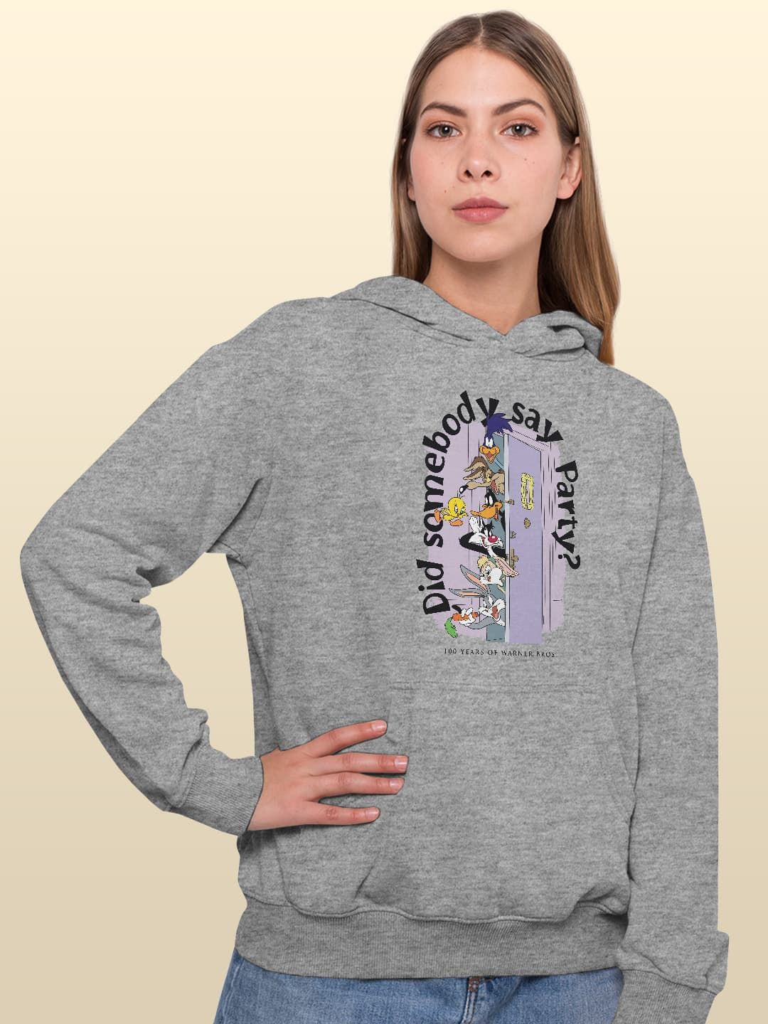 

macmerise Women Printed Hooded Sweatshirt, Grey