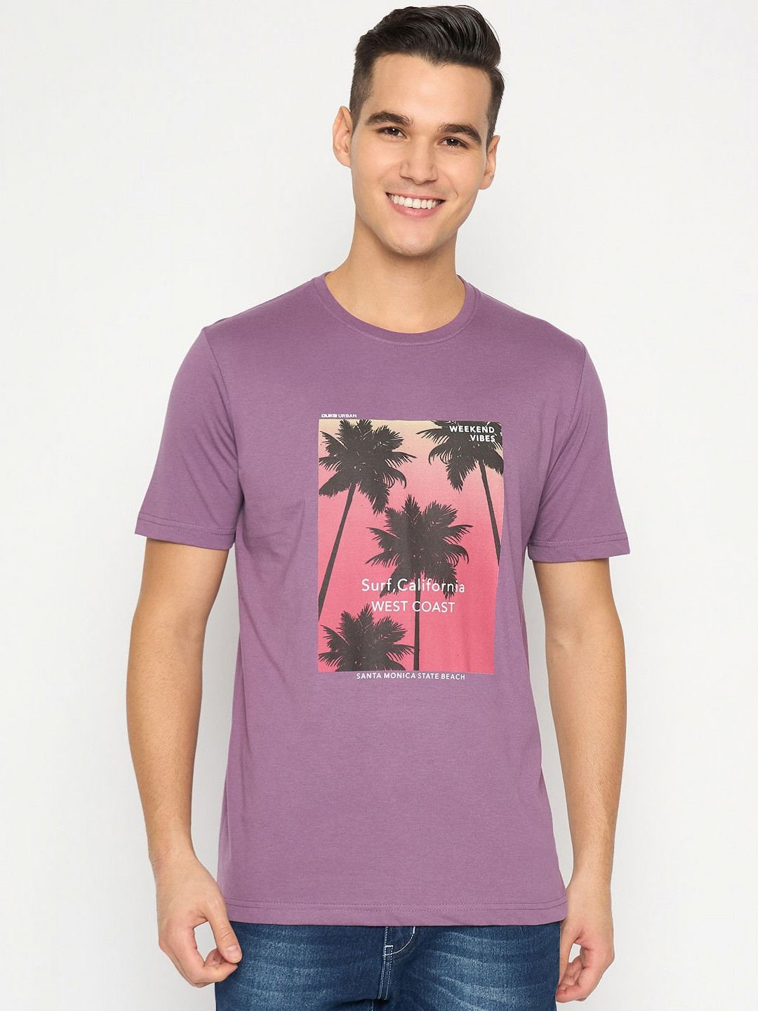 

Duke Men Floral Printed Round Neck Cotton Slim Fit T-shirt, Purple