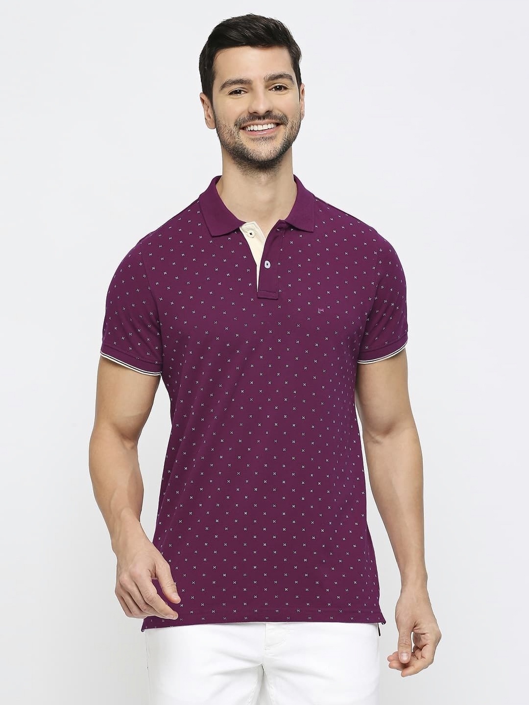 

Basics Men Abstract Printed Polo Collar Cotton Slim Fit T-shirt, Purple