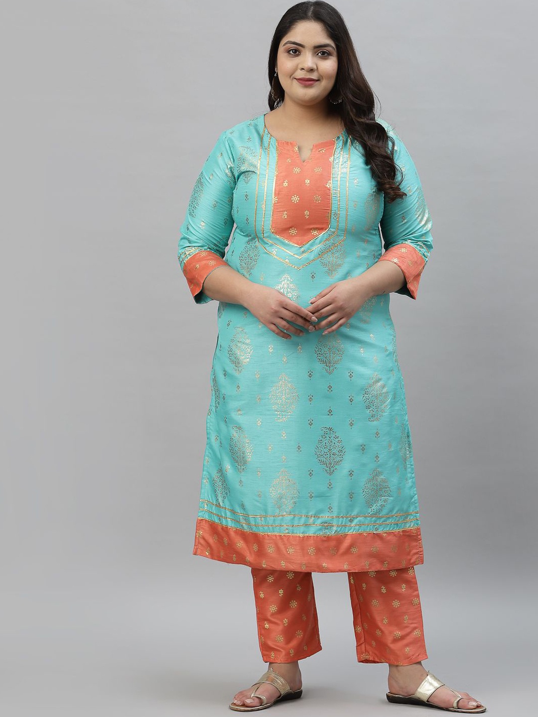 

Sztori Plus Size Floral Foil Printed Gotta Patti Straight Kurta With Trouser, Turquoise blue