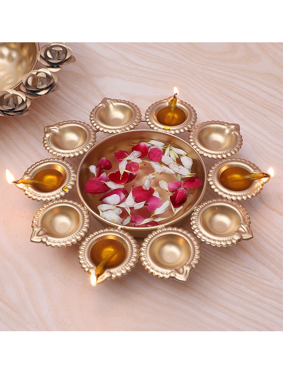 

Two Moustaches Gold Toned Textured Decorative Bowl With Diyas