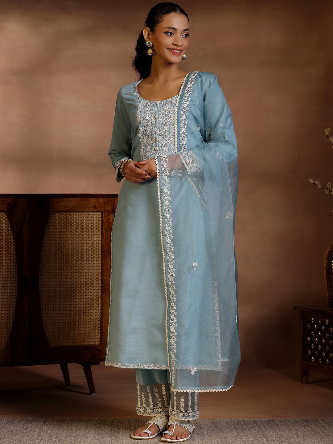 

Libas Floral Embroidered Sequinned Kurta with Trousers & Dupatta, Blue