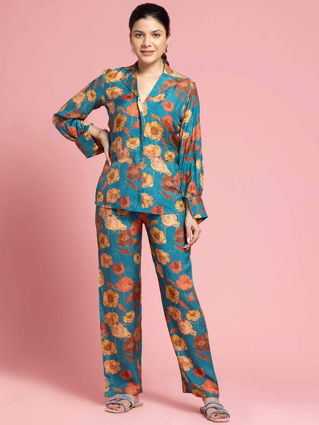 

SEW YOU SOON Floral Printed Top With Trousers, Blue