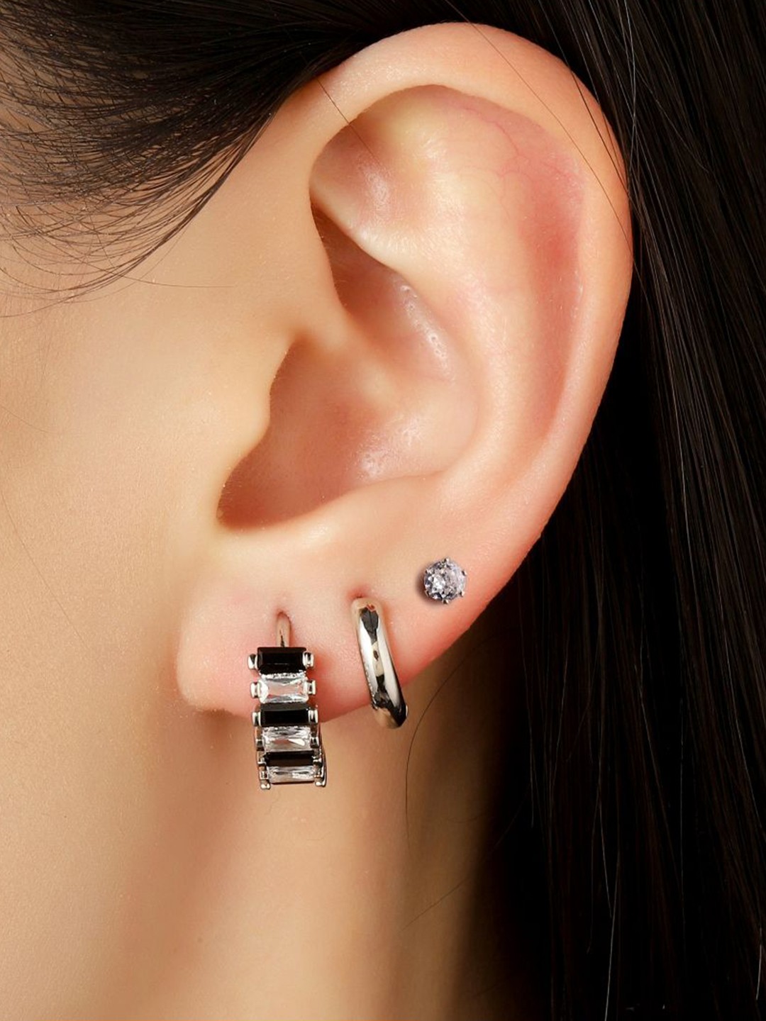 

SALTY Set Of 3 Gold-Plated Contemporary Studs, Silver