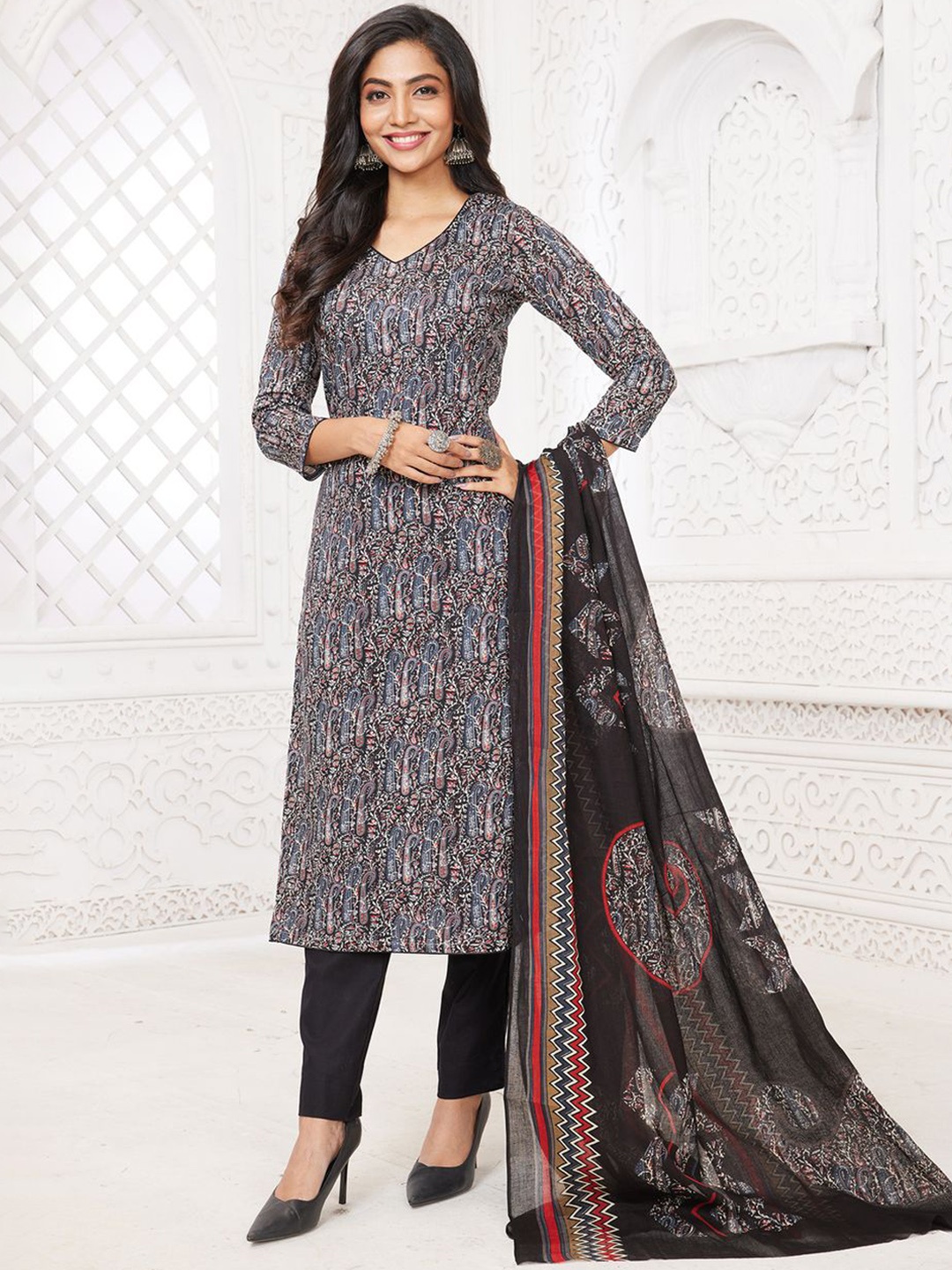 

MIRAAN Ethnic Motifs Printed Pure Cotton Straight Kurta with Salwar & With Dupatta, Black