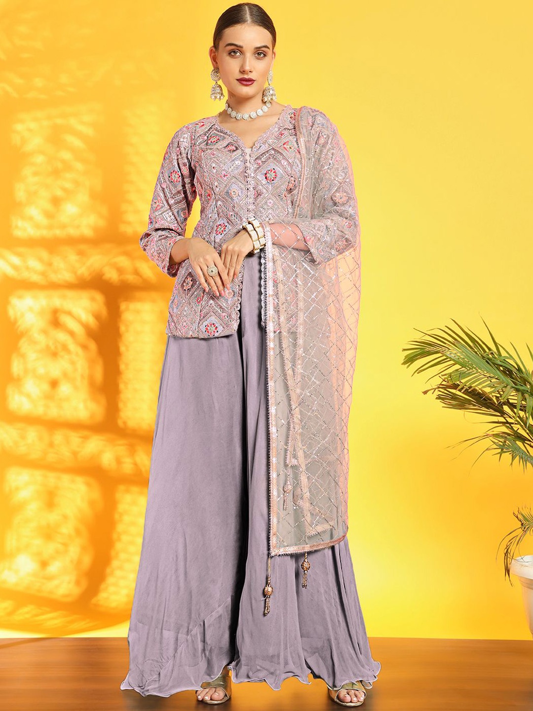 

Chhabra 555 Floral Embroidered Sequinned Georgette Straight Kurta With Palazzos & Dupatta, Lavender