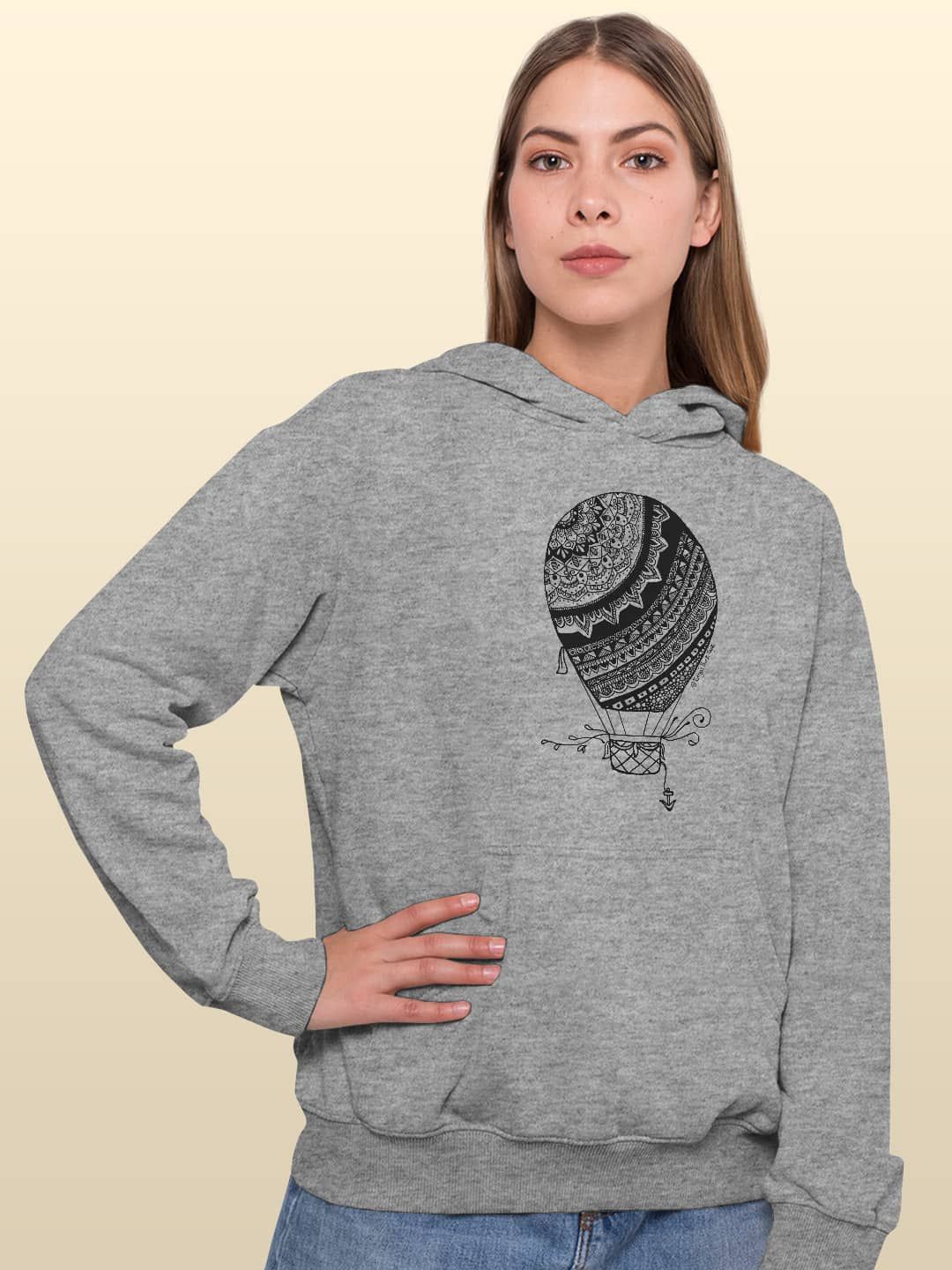 

macmerise Women Printed Hooded Sweatshirt, Grey