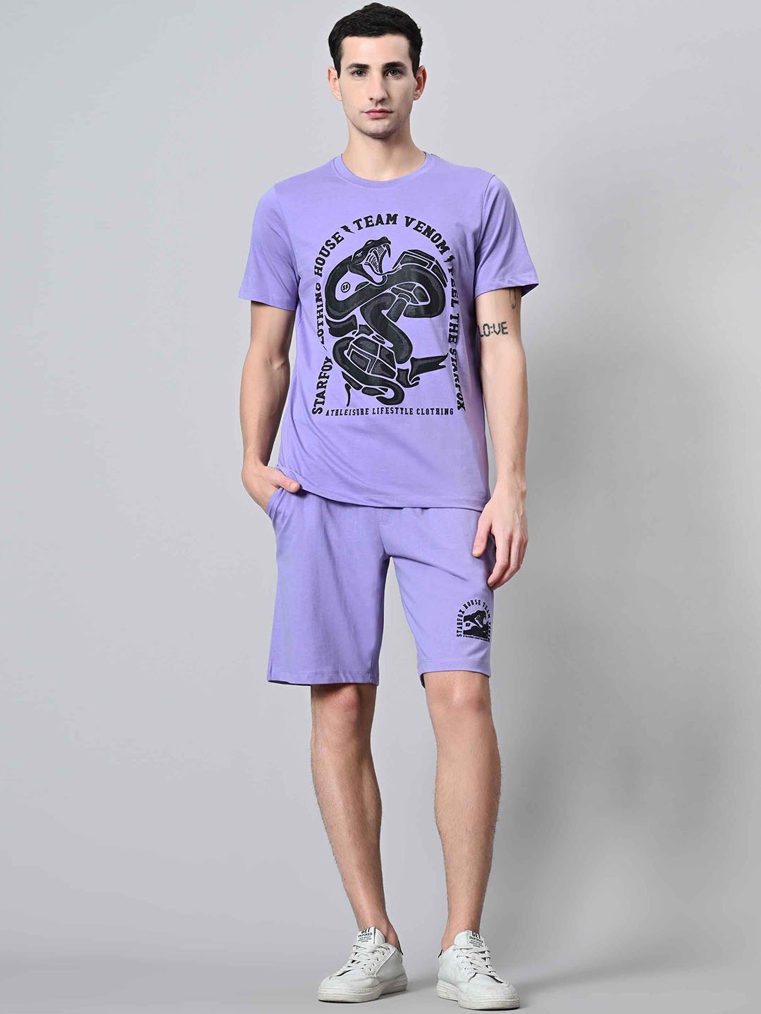 

STARFOX Graphic Printed Round Neck Pure Cotton T-shirt & Shorts, Lavender