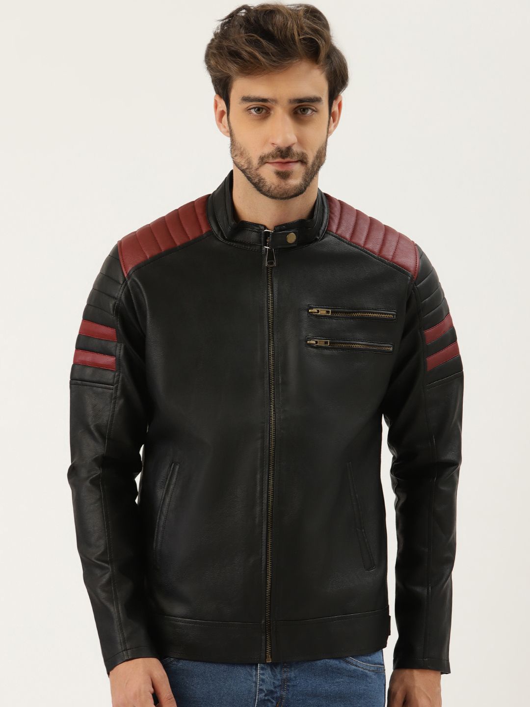 

Leather Retail Men Washed Colourblocked Lightweight Biker Jacket with Patchwork, Black