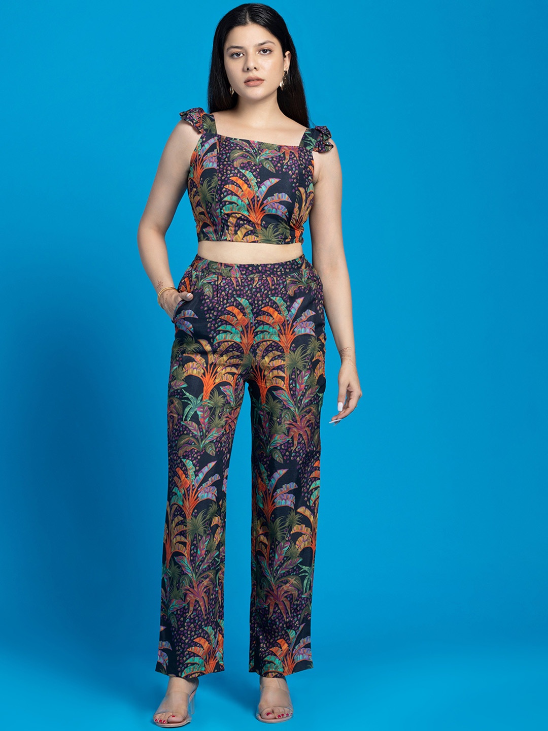 

SEW YOU SOON Printed Square Neck Crop Top With Trousers, Blue