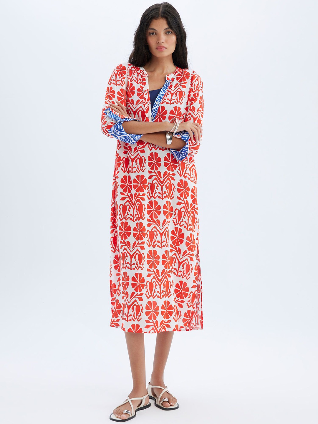 

DeFacto Printed Mandarin Collar Swimwear Cover Up, Orange