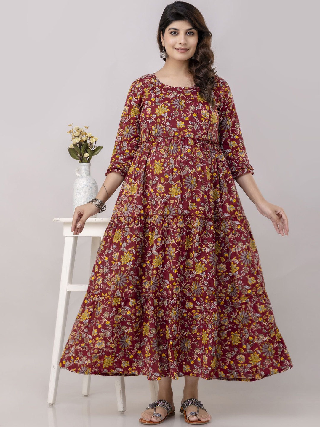 

Henal Floral Printed Cotton Midi Fit and Flare Maternity Ethnic Dress, Maroon