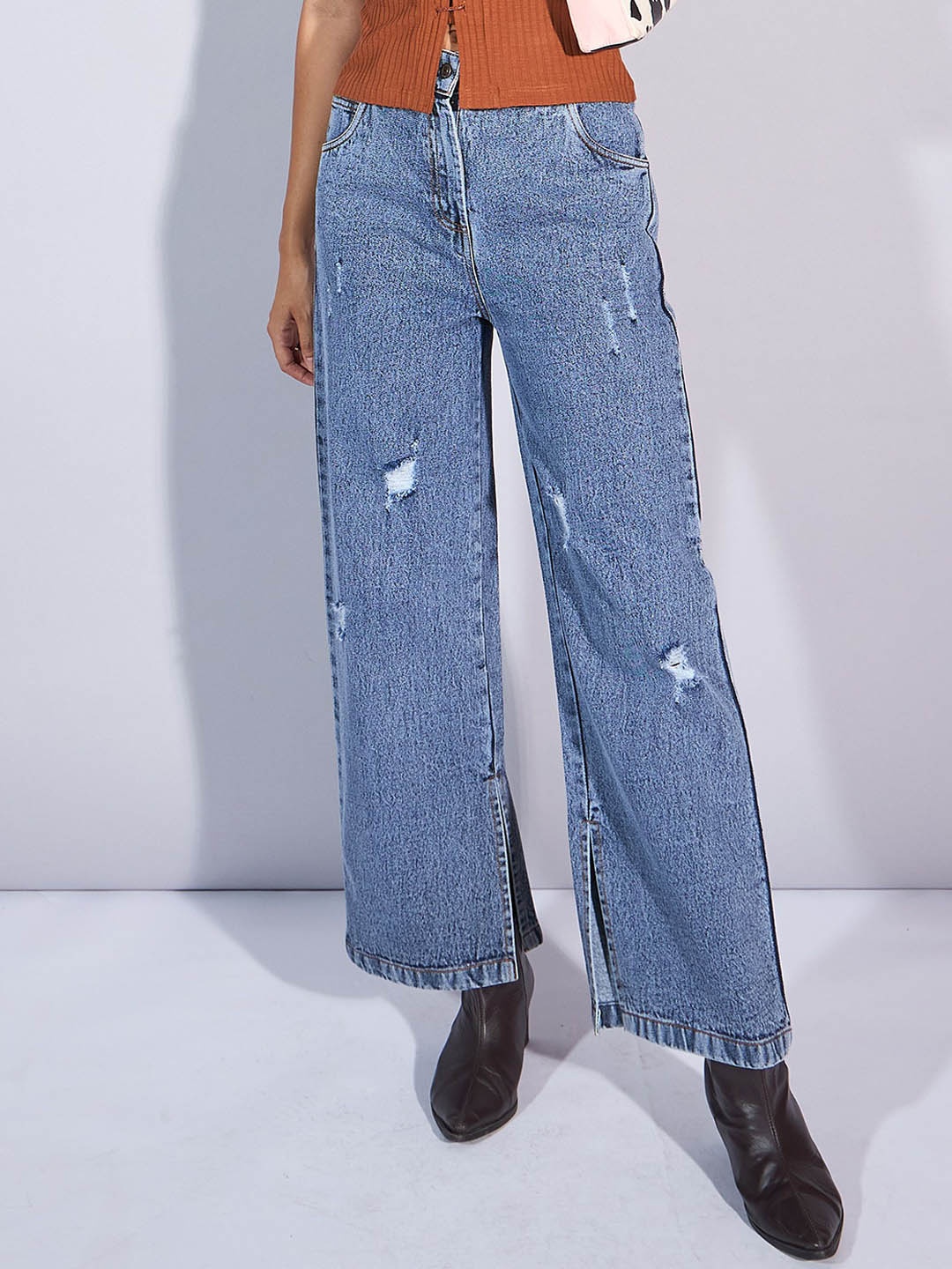 

SASSAFRAS Women Wide Leg Fit Low Distress Stretchable Jeans, Grey