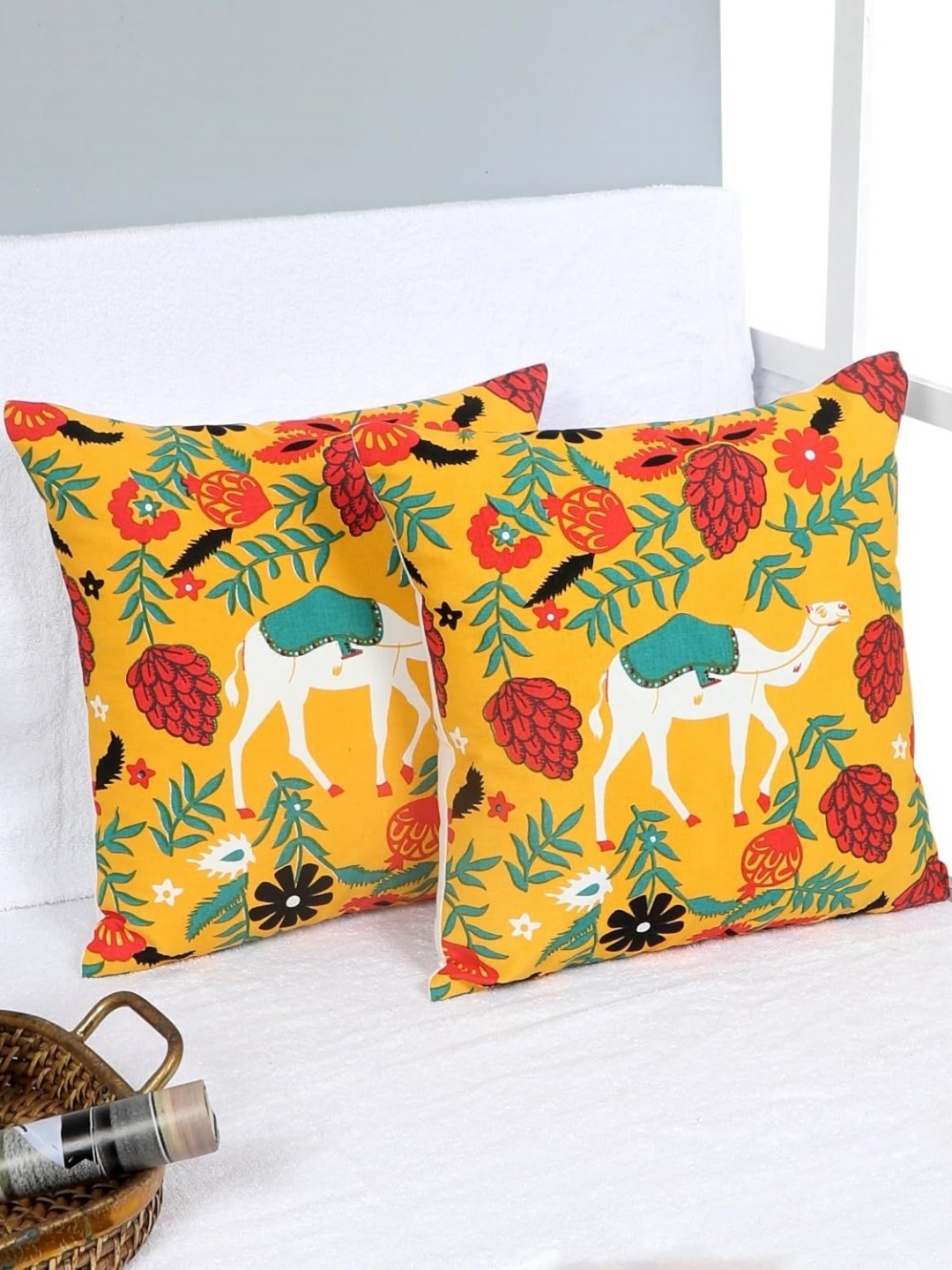 

Decoghar Yellow 2 Pieces Floral Printed Square Cushion Covers